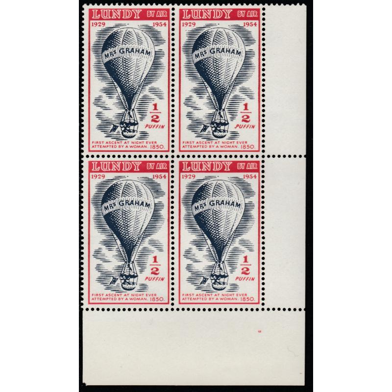 Lundy 1954 1/2d def block of 4 with VARIETY mnh