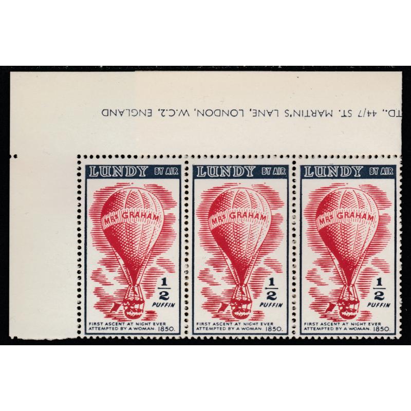 Lundy 1954 1/2d def strip of 3 with VARIETY mnh