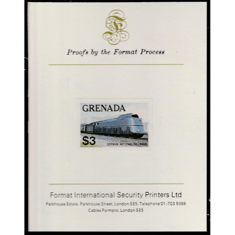 Grenada 1982 TRAINS - GERMAN NATIONAL  RAILWAYS mperf on FORMAT INTERNATIONAL PROOF CARD