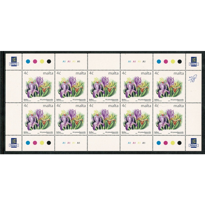 Malta. 1999 Flowers 4c. Complete Sheetlet of 10. Unmounted Mint. SG 1137