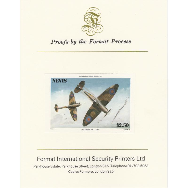 Nevis 1986 SPITFIRE Mark 1A mperf on FORMAT INTERNATIONAL PROOF CARD