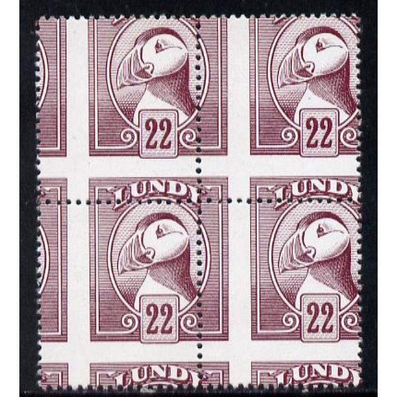Lundy 1982 PUFFIN 22p def MISPLACED PERFS BLOCK OF 4 mnh