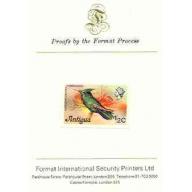 Antigua 1976  CRESTED HUMMINGBIRD 1.2c  imperf on FORMAT INTERNATIONAL PROOF CARD