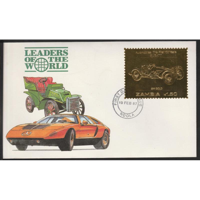 Zambia 1987 CLASSIC CARS in GOLD - BUGATTI on First Day Cover
