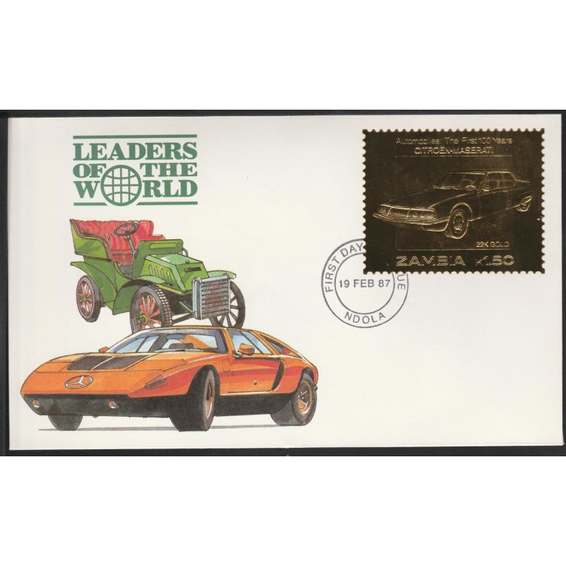 Zambia 1987 CLASSIC CARS in GOLD - CITROEN-MASERATI on First Day Cover