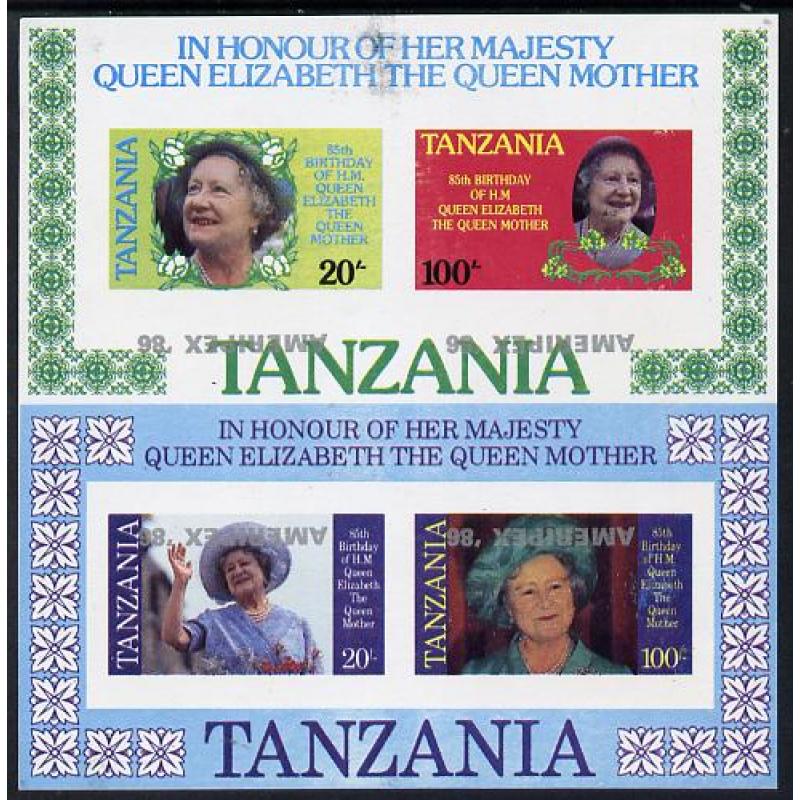 Tanzania 1986 QUEEN MOTHER - m/sheets AMERIPEX OPT INVERTED mnh
