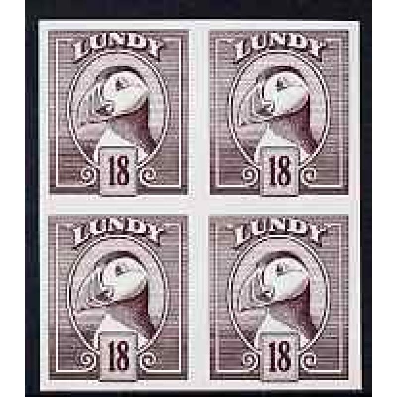 Lundy 1982 PUFFIN 18p IMPERF block of 4 mnh