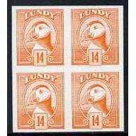 Lundy 1982 PUFFIN 14p IMPERF COLOUR TRIAL  BLOCK OF 4 mnh