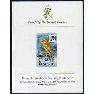 Lesotho 1982 BIRDS - YELLOW CANARY  on FORMAT INTERNATIONAL PROOF CARD