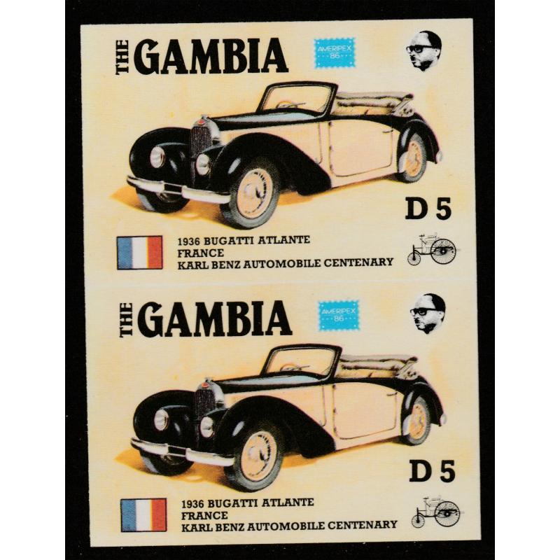 Gambia 1987 AMERIPEX CARS - BUGATTI imperf pair ex archive sheet mnh