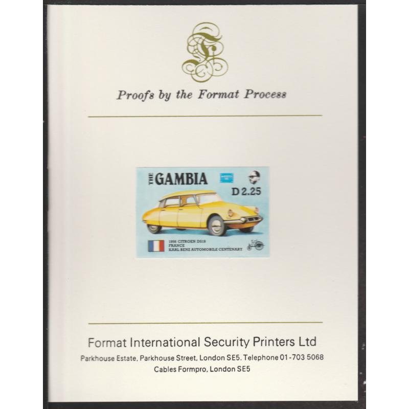 Gambia 1987 AMERIPEX CARS - CITROEN DS19 imperf on FORMAT INTERNATIONAL PROOF CARD