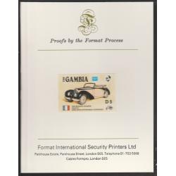 Gambia 1987 AMERIPEX CARS - BUGATTI imperf on FORMAT INTERNATIONAL PROOF CARD
