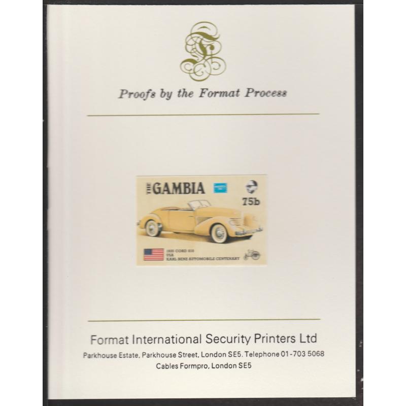 Gambia 1987 AMERIPEX CARS - CORD 810 imperf on FORMAT INTERNATIONAL PROOF CARD