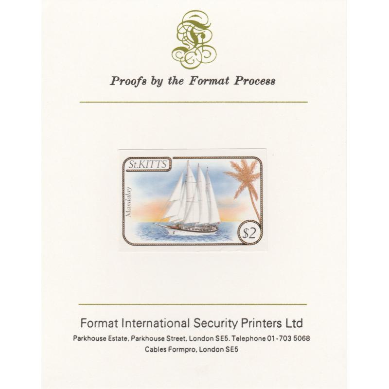 St Kitts 1985 SHIPS - SCHOONER MANDALAY mperf on FORMAT INTERNATIONAL PROOF CARD