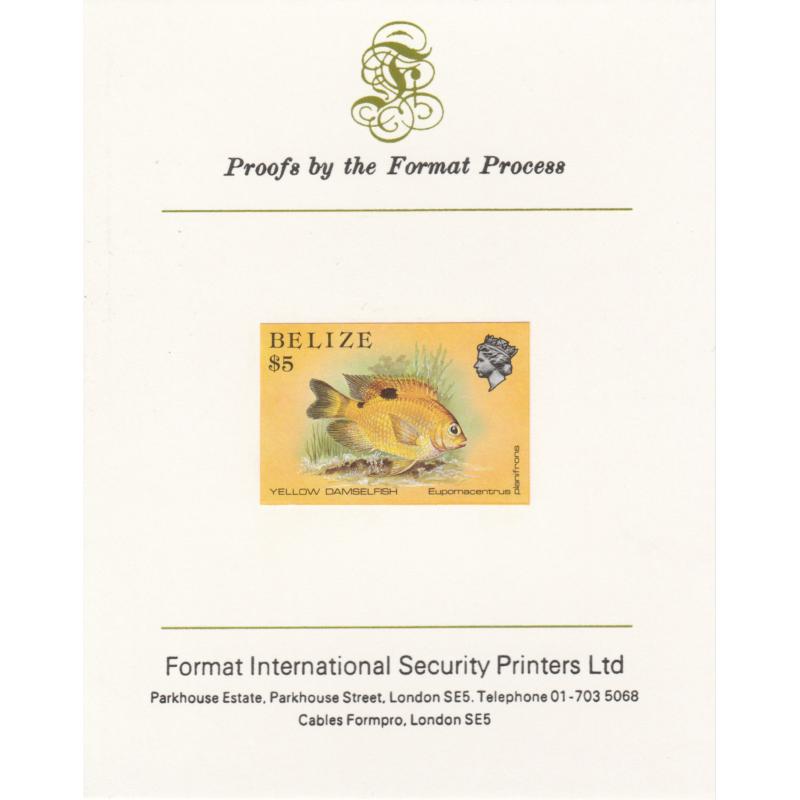 Belize 1984 DAMSELFISH $5  imperf on FORMAT INTERNATIONAL PROOF CARD