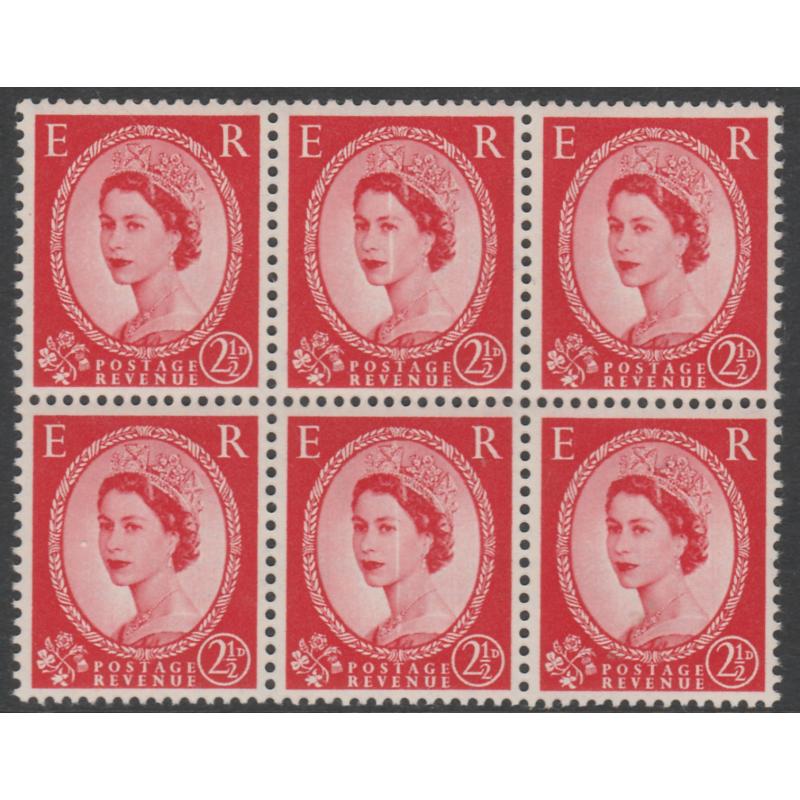 GB 1952 WILDING 2.5d Tudor block of 6 with DOCTOR BLADE FLAW mnh