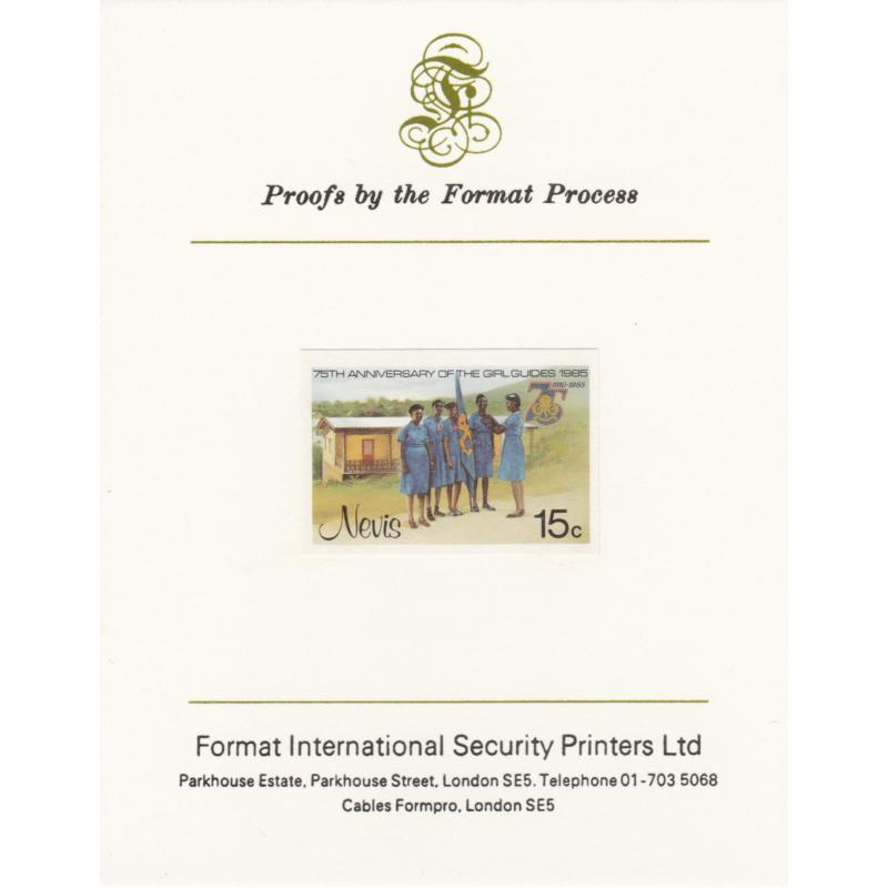 Nevis 1985 GIRL GUIDES 15c mperf on FORMAT INTERNATIONAL PROOF CARD