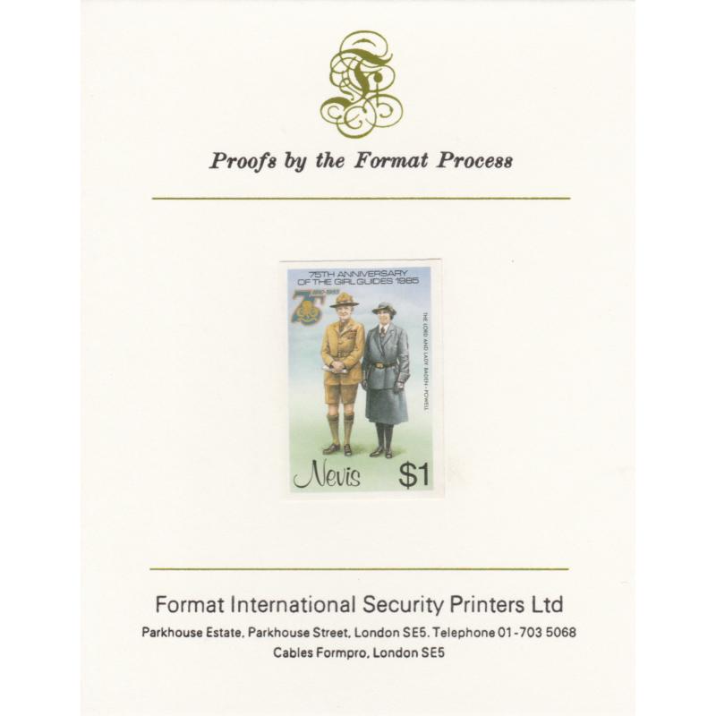 Nevis 1985 GIRL GUIDES $1 mperf on FORMAT INTERNATIONAL PROOF CARD
