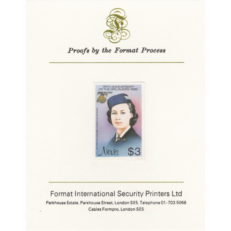 Nevis 1985 GIRL GUIDES $3 mperf on FORMAT INTERNATIONAL PROOF CARD