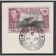 Falklands - 1938 KG6  4d with MADAME JOSEPH FORGED CANCEL