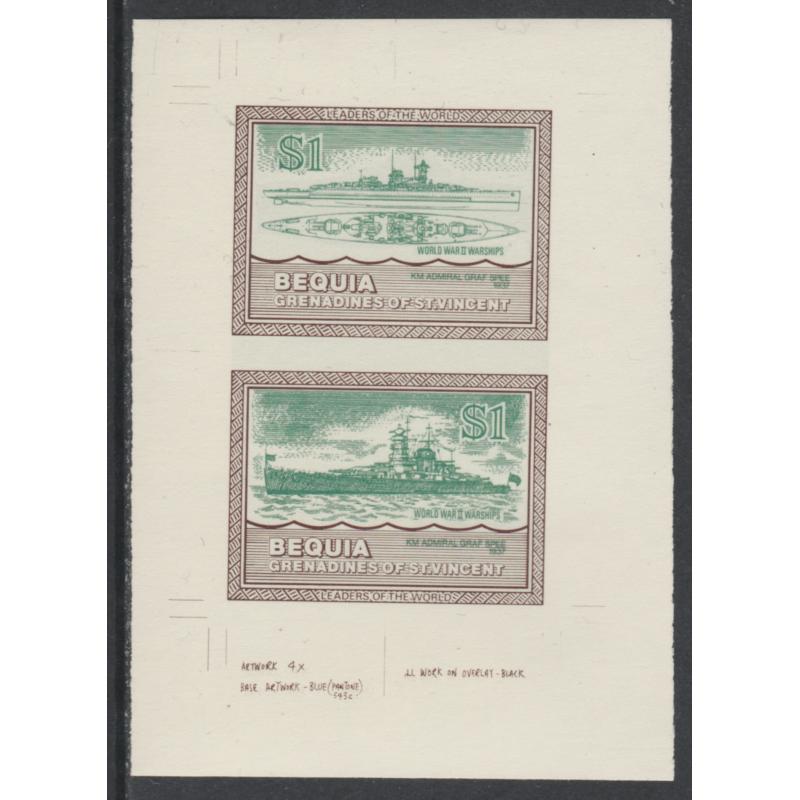 St Vincent Bequia - 1985 WARSHIPS -IMPERF COLOUR TRIAL PROOF ex archives