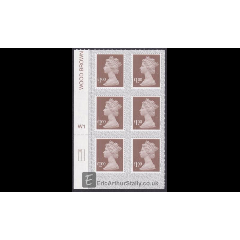 £1.00 Wood Brown Cylinder block W1 M19L - Six Machin stamps - SG U2934 GB - NEW