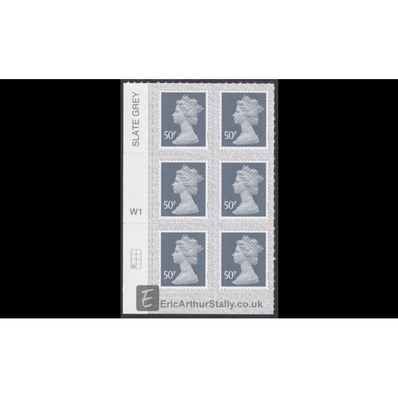 50p Slate Grey Cylinder block W1 M19L - Six Machin stamps - SG U2925 GB - NEW