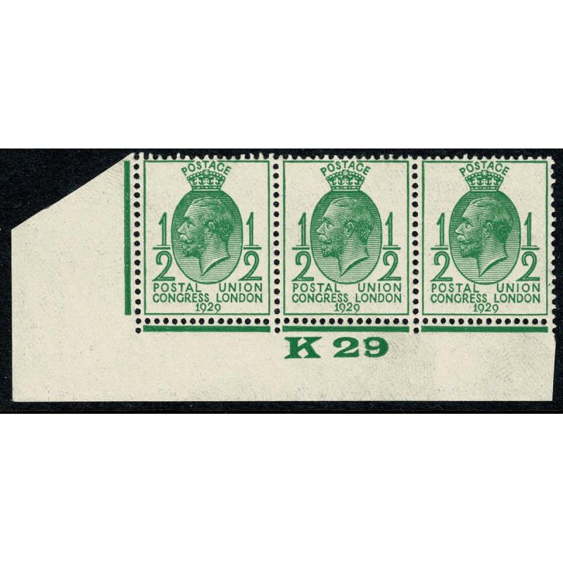 1929 Postal Union Congress ½d. K29 Control strip of three