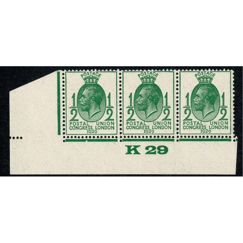 1929 Postal Union Congress ½d. K29 Control strip of three